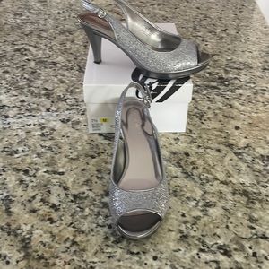 Silver glitter open toed heels